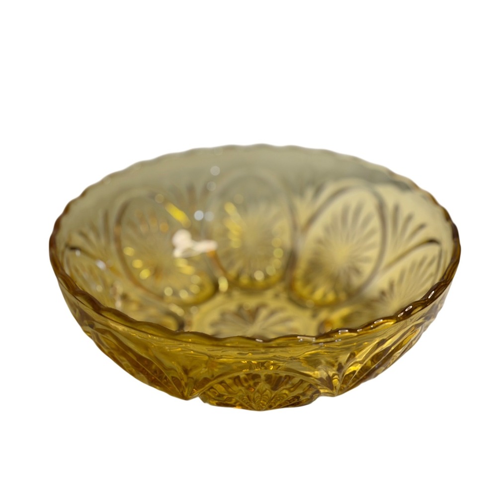 VTG Amber Pressed Glass Serving Bowl Sunburst Medallion Scalloped Edge Gold 8"